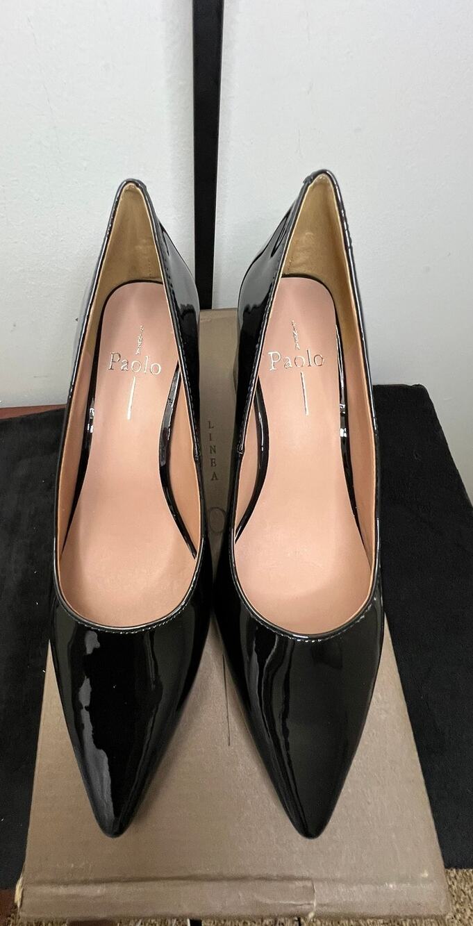 Paolo Linea Bilson-L Black Patent Pointed Toe Block Heel Pumps Size 7M NIB